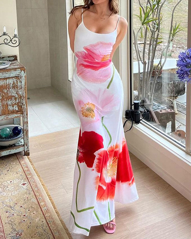 Backless Floral Print Spaghetti Strap Maxi Dress