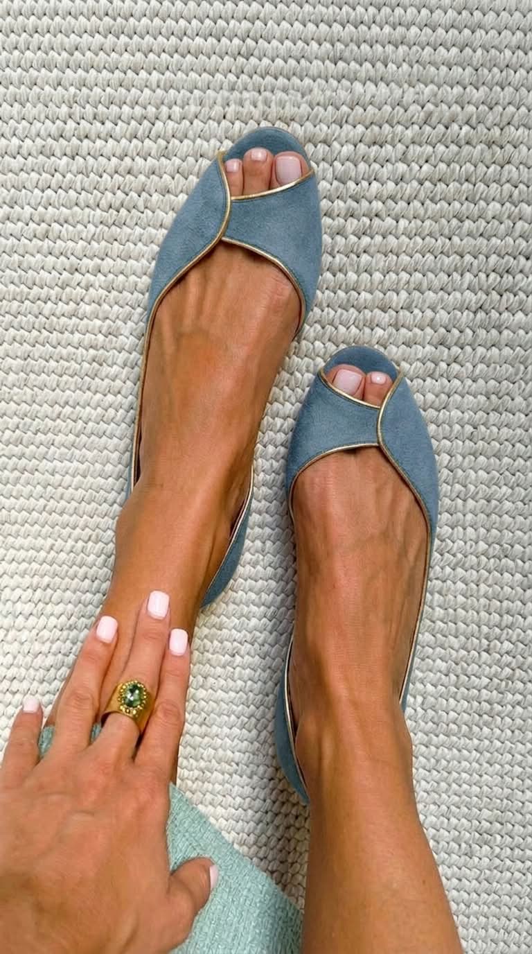 Suede Gold Trim Peep Toe D'Orsay Flats