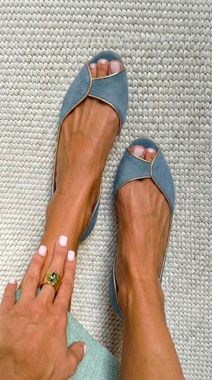 Suede Gold Trim Peep Toe D'Orsay Flats