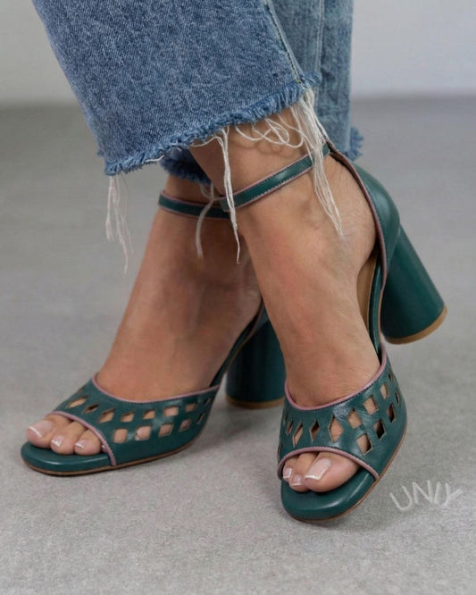 Dark Green Laser Cut Lattice Peep Toe Block Heel Sandals [Pre Order]