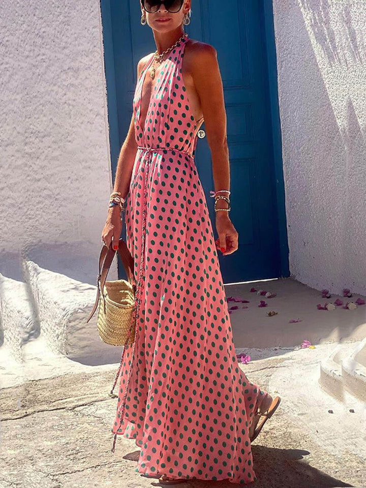 Abstract Floral Print Back Lace-Up Swing Maxi Dress