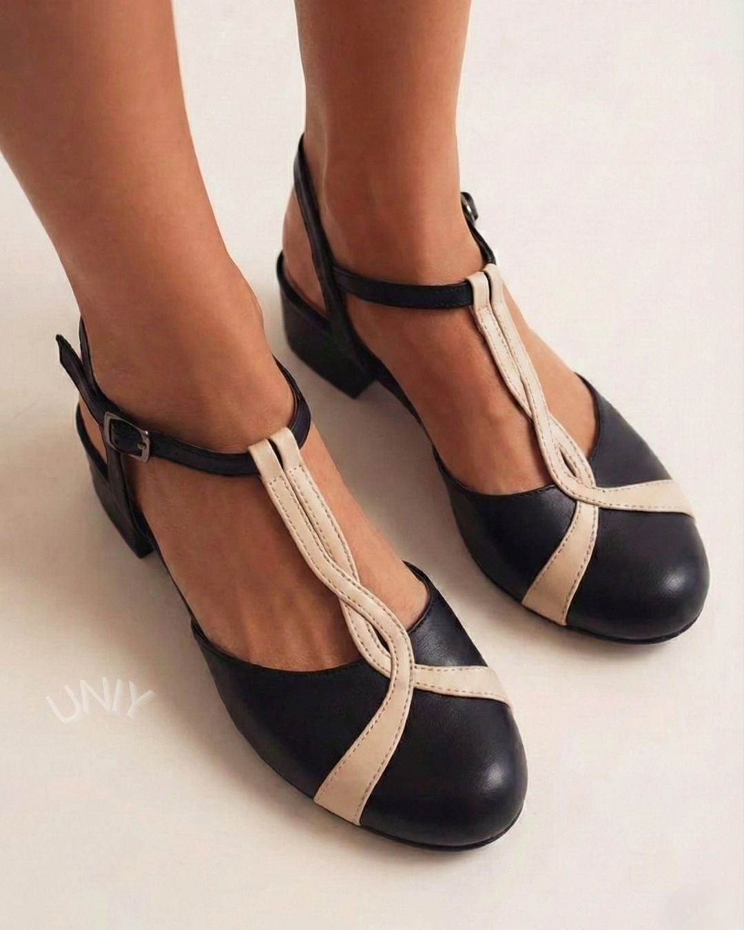 Contrast T-Strap Mid Block Heels [Pre Order]