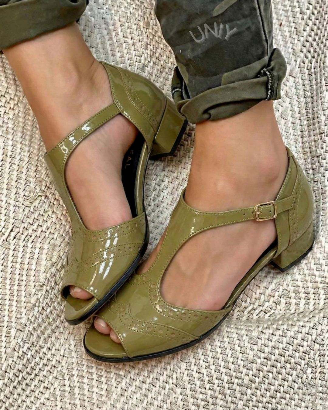 Patent T-Strap Peep Toe Brogue Block Heel Sandals [Pre Order]