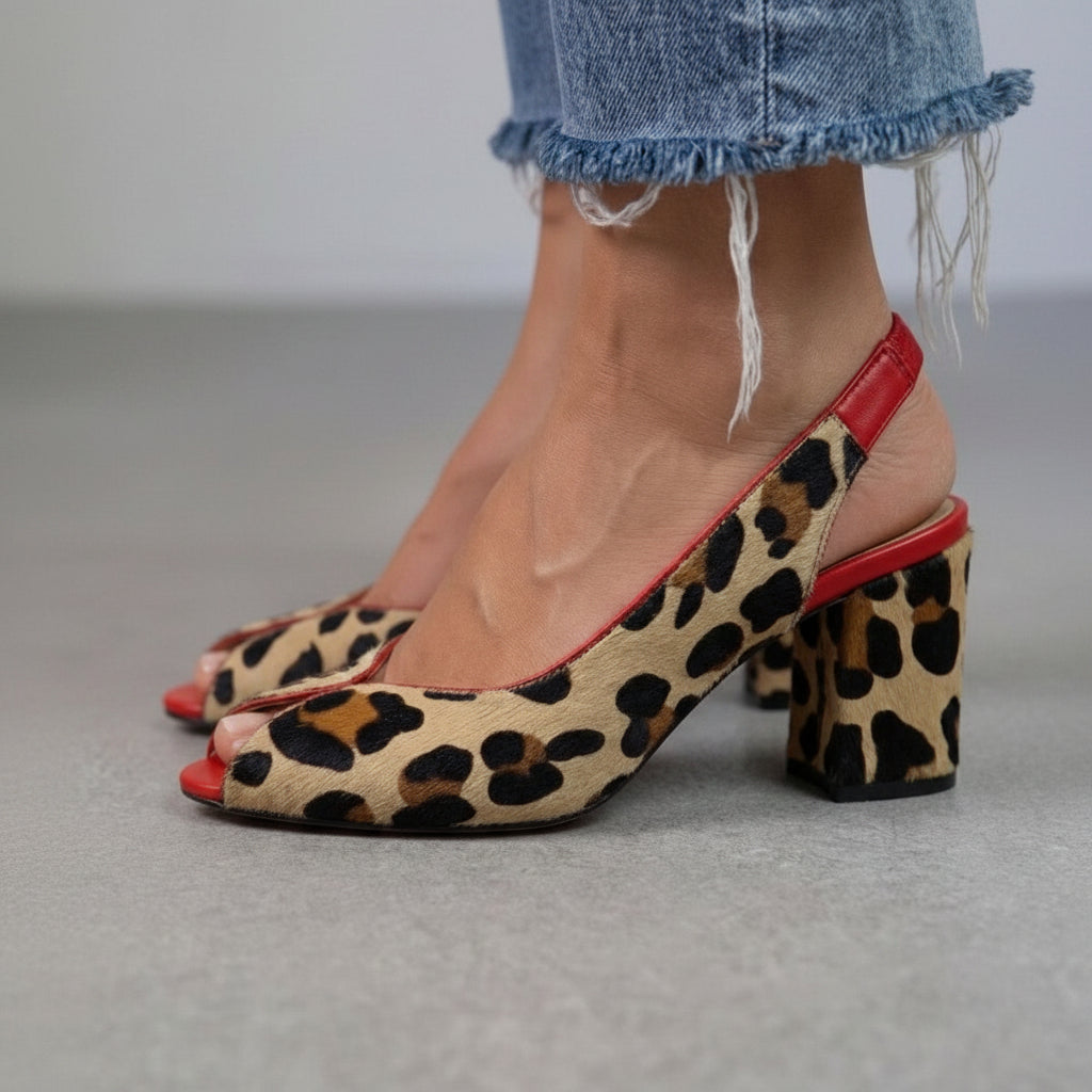 Leopard Print Peep Toe Slingback Red Trim Block Heels