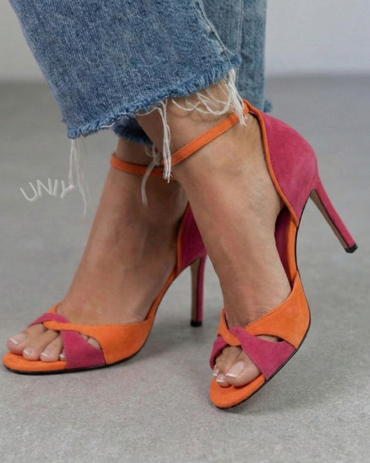 Elegant Color Block Faux Suede Peep Toe High Heel Sandals [Pre Order]