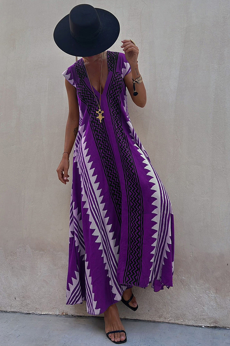 Ethnic Print V-Neck Cap Sleeve A-line Maxi Dress