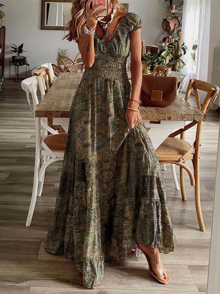 Bohemian Smocked V-Neck Tiered Maxi Dress