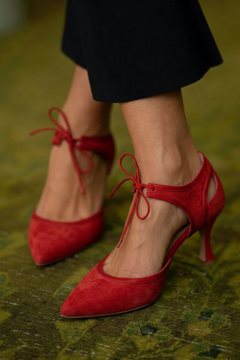 Faux Suede Two-Tone Pointed Toe Bow Tie Kitten Heels