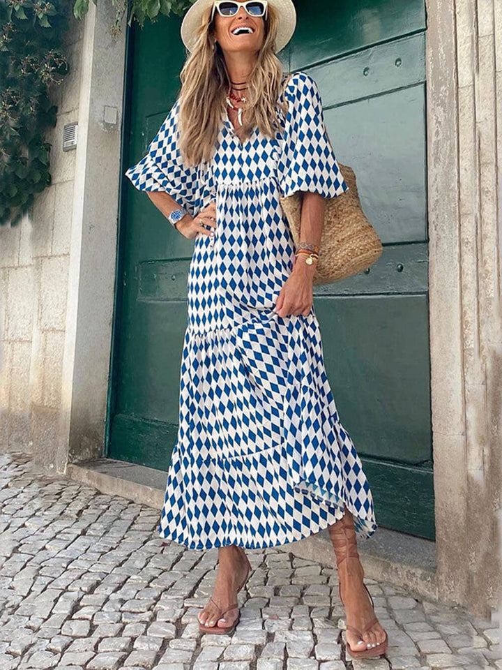 V-Neck Floral Print Lantern Sleeve Tiered Maxi Dress