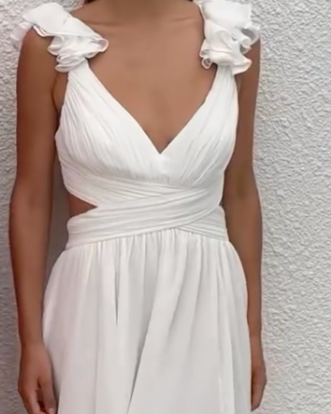 Ruffle Shoulder V-Neck Cut-Out Pleated Maxi Dress