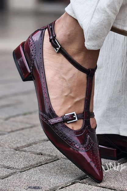 Brogue T-Strap Pointed Block Heels [Pre Order]
