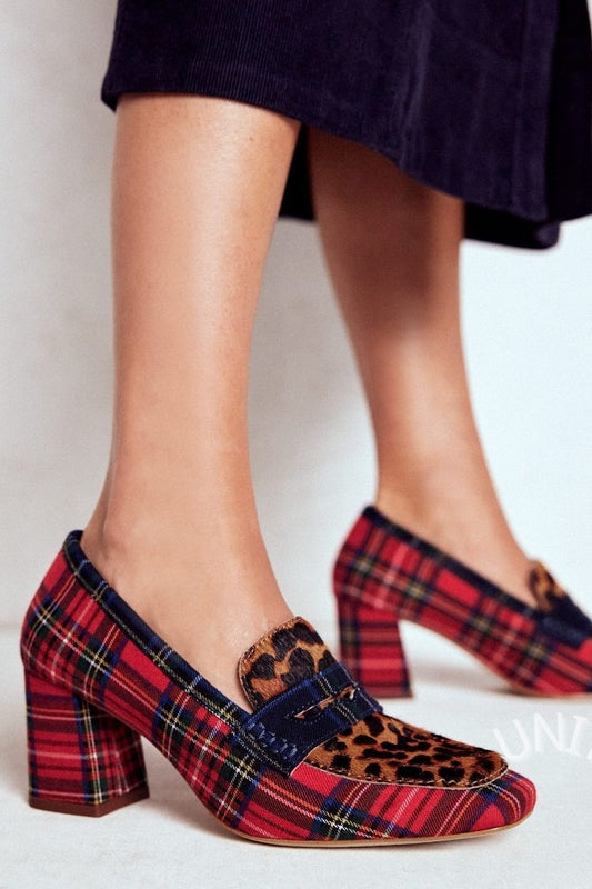 Red Plaid Leopard Print Block Heels [Pre Order]