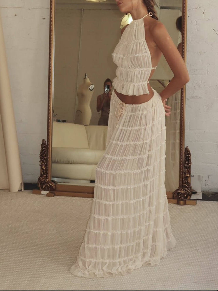 Pleated Halter Neck Crop Top Tiered Maxi Skirt Set