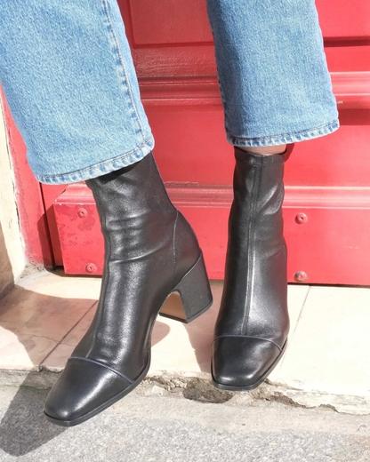 Colorblock Zipper Square Toe Low Block Heel Black Ankle Boots