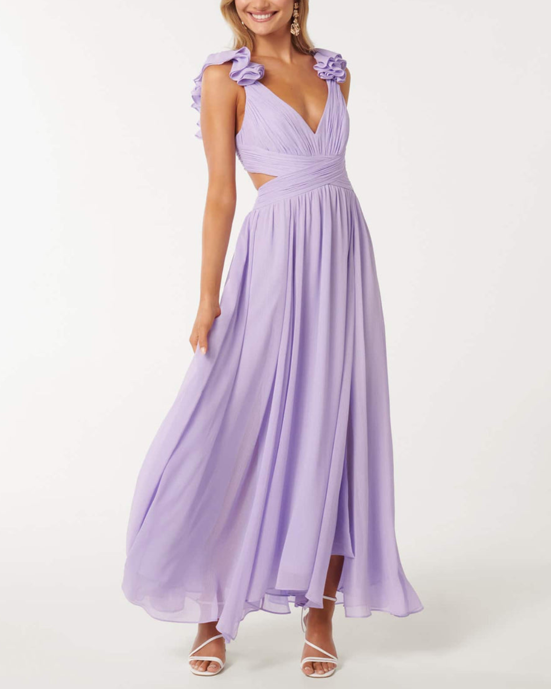 Ruffle Shoulder V-Neck Cut-Out Pleated Maxi Dress