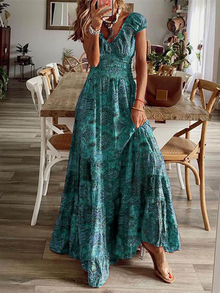 Bohemian Smocked V-Neck Tiered Maxi Dress