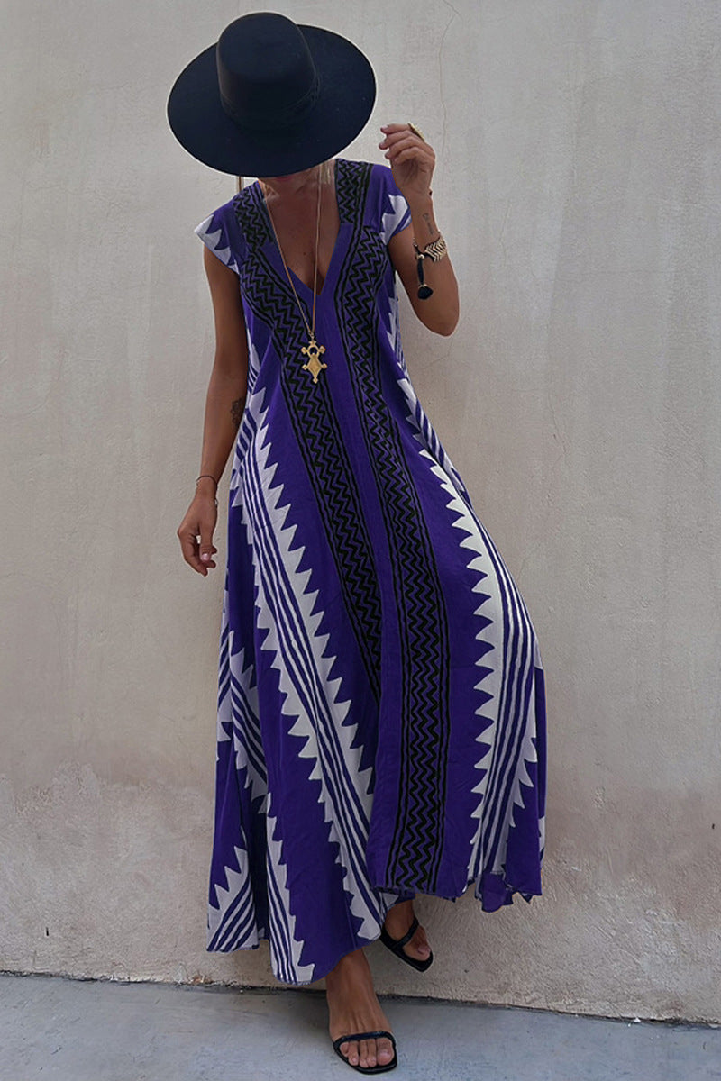 Ethnic Print V-Neck Cap Sleeve A-line Maxi Dress
