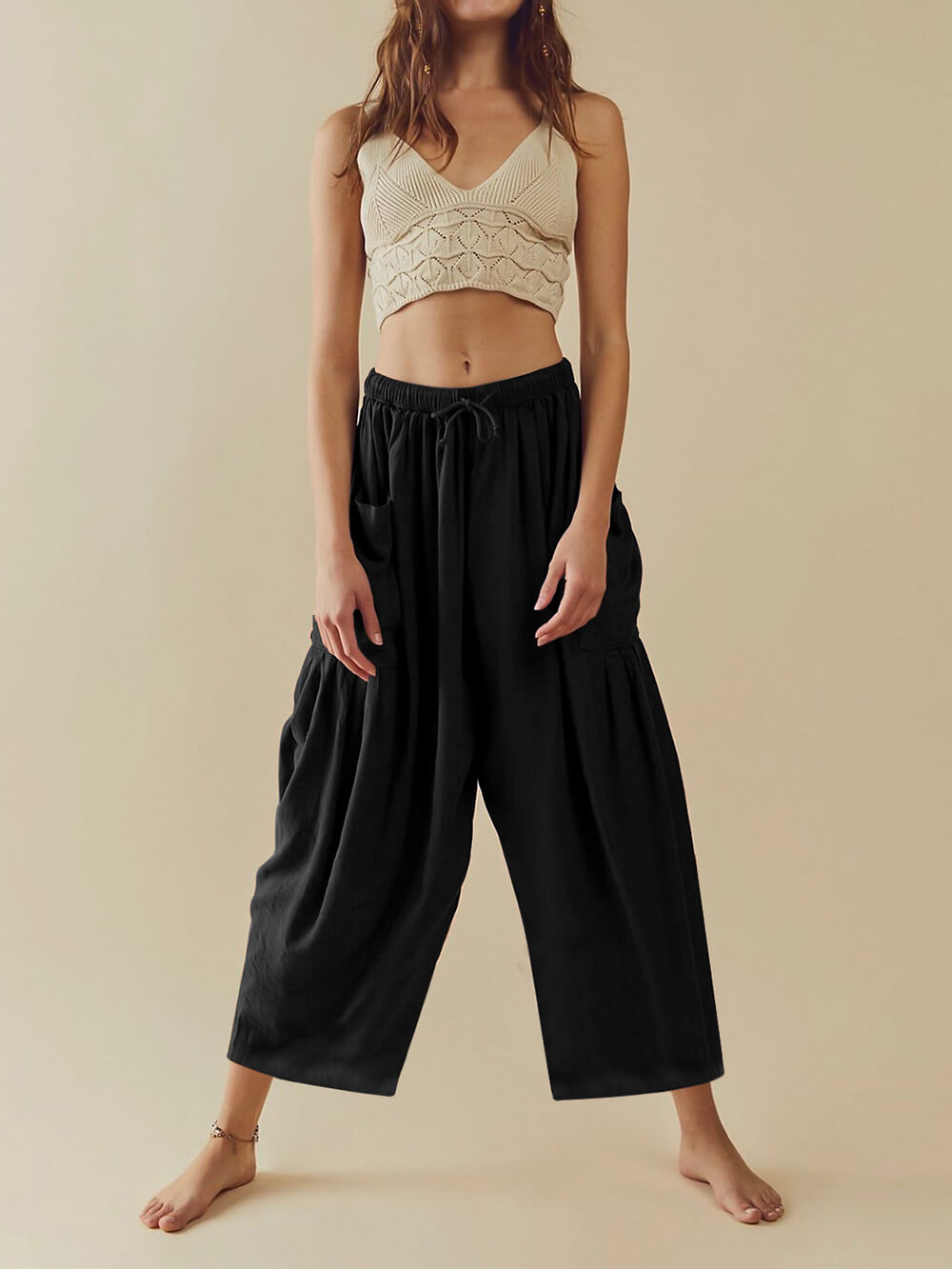 Drawstring Elastic Waist Wide Leg Yoga Pants Cargo Style