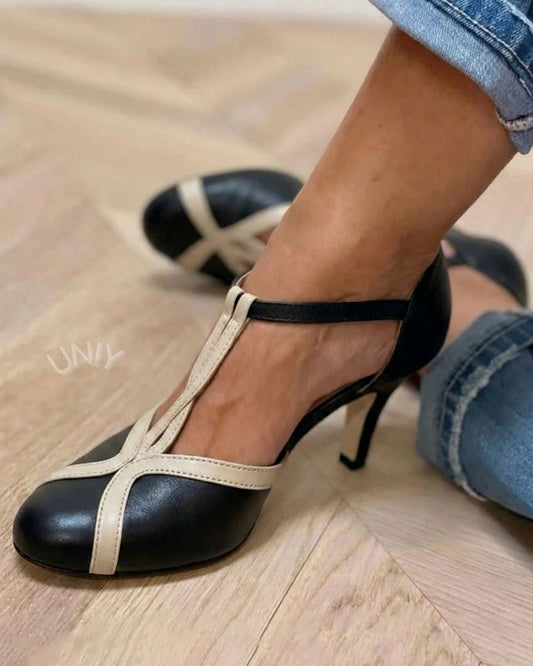 Color Block Round Toe T-Strap Kitten Heels [Pre Order]