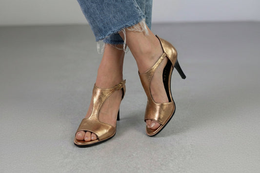 Gold Peep Toe Strap Detail Chic Stiletto Heel Sandals [Pre Order]