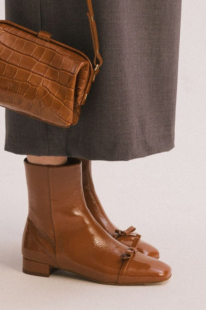 Leather Square Toe Bow Ankle Boots [Pre Order]