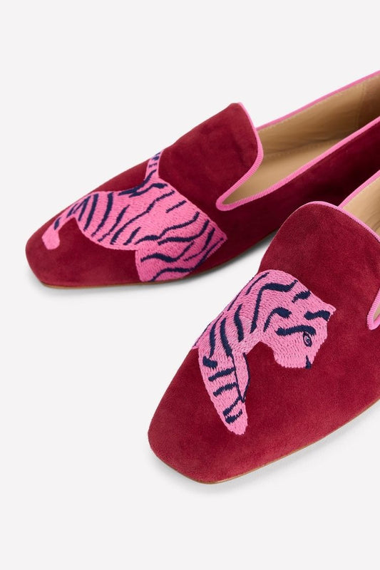 Pink Suede Tiger Embroidered Pointed Flats [Pre Order]