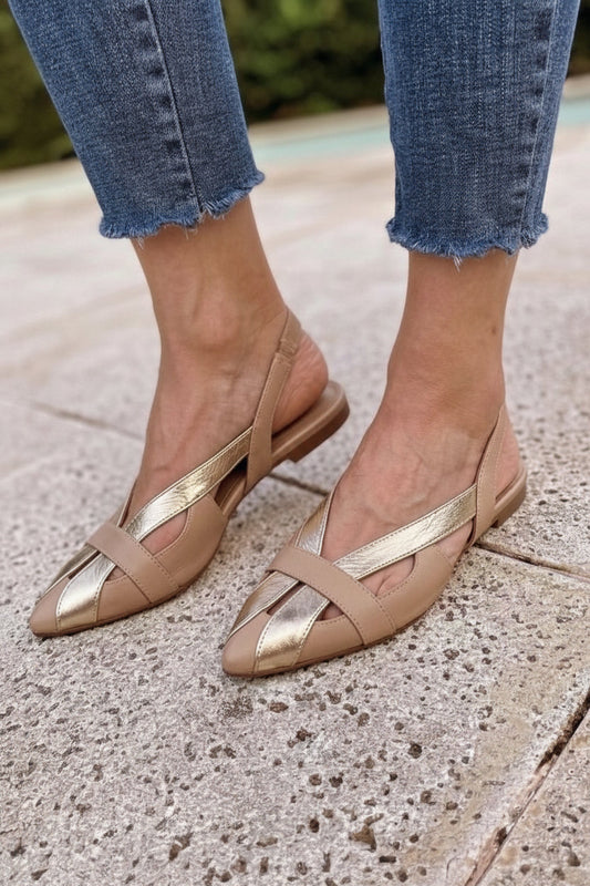 Chic Brown Gold Metallic Cutout Pointed Toe Slingback Flats [Pre Order]
