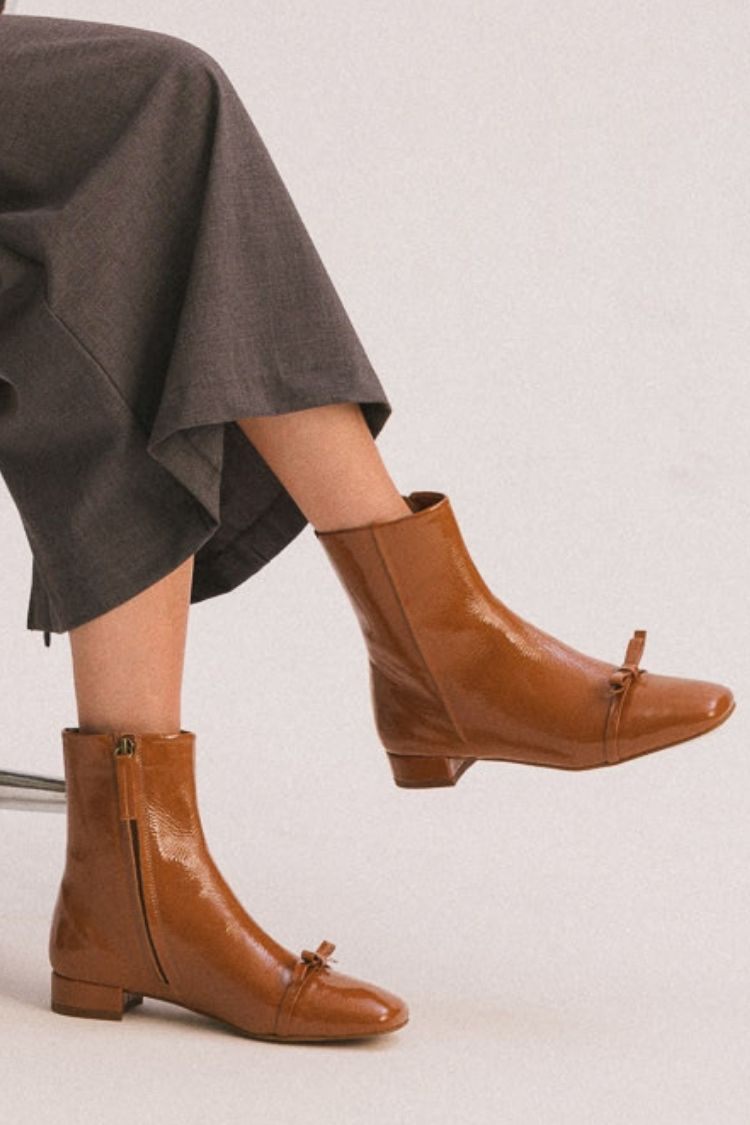 Leather Square Toe Bow Ankle Boots [Pre Order]