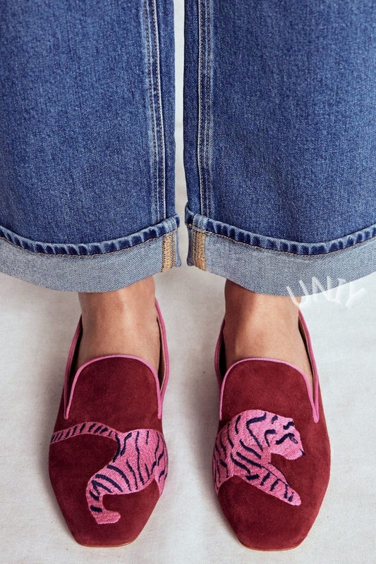 Pink Suede Tiger Embroidered Pointed Flats [Pre Order]