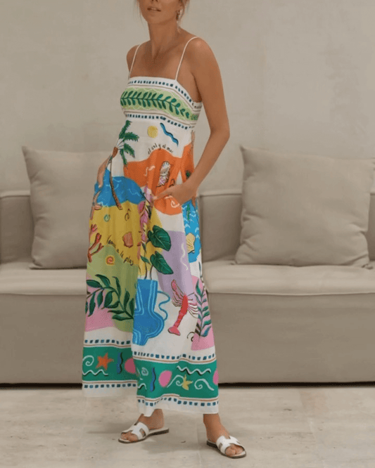 Linen Blend Graphic Print Smocked Back Pocket Maxi Dress