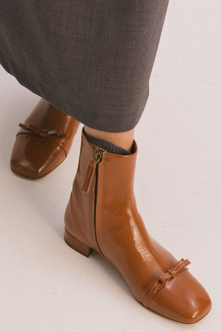 Leather Square Toe Bow Ankle Boots [Pre Order]