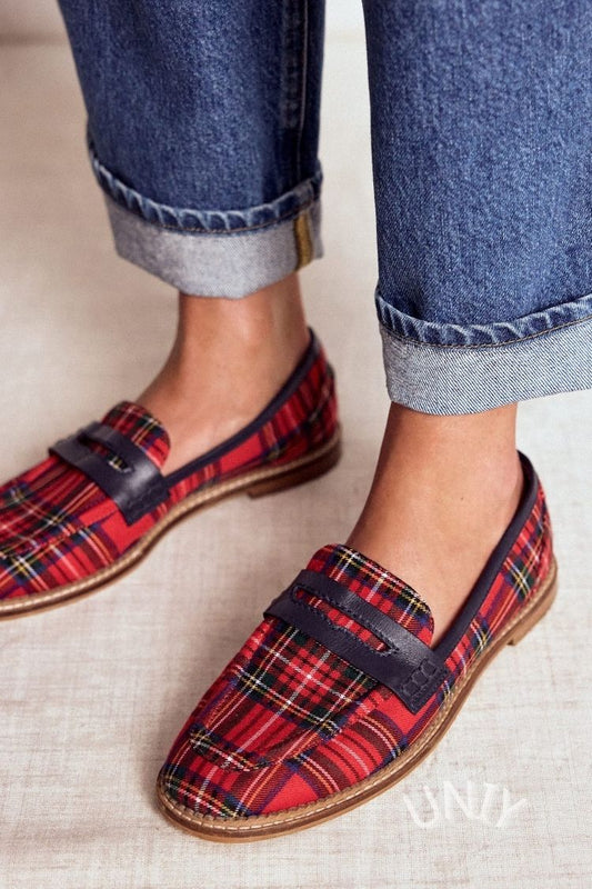 Red Plaid T-Strap Pointed Toe Casual Flats [Pre Order]