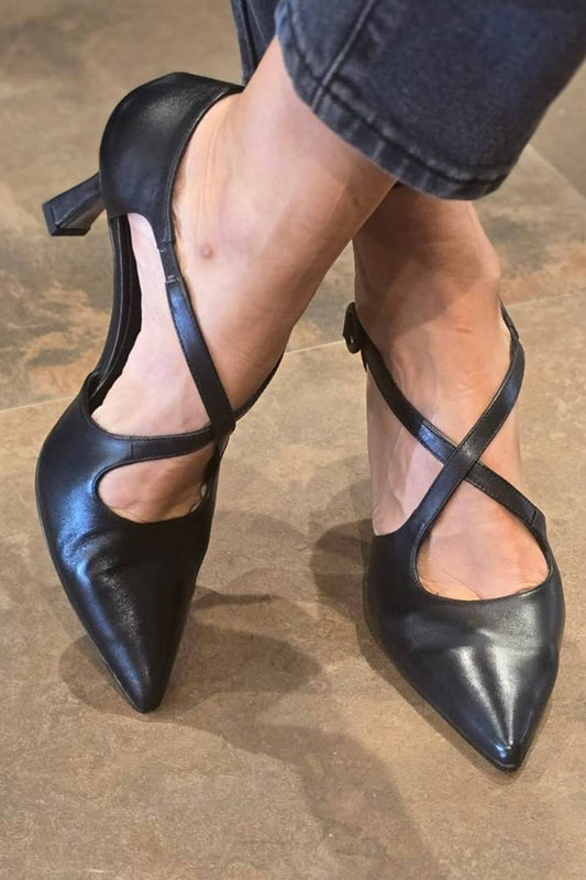 Black Leather Pointed Cross Strap Stiletto Pumps