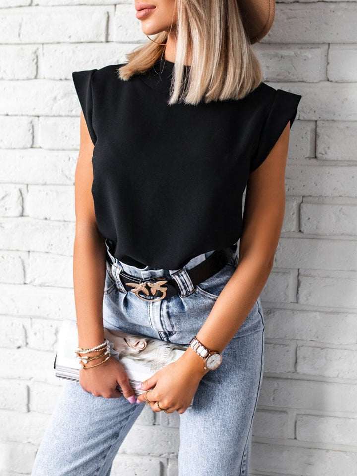Cuffed Cap Sleeve Mock Neck Blouse