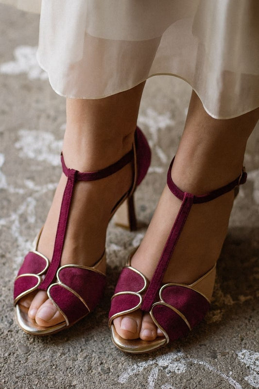 Suede Gold Trim T-Strap Heeled Sandals [Pre Order]