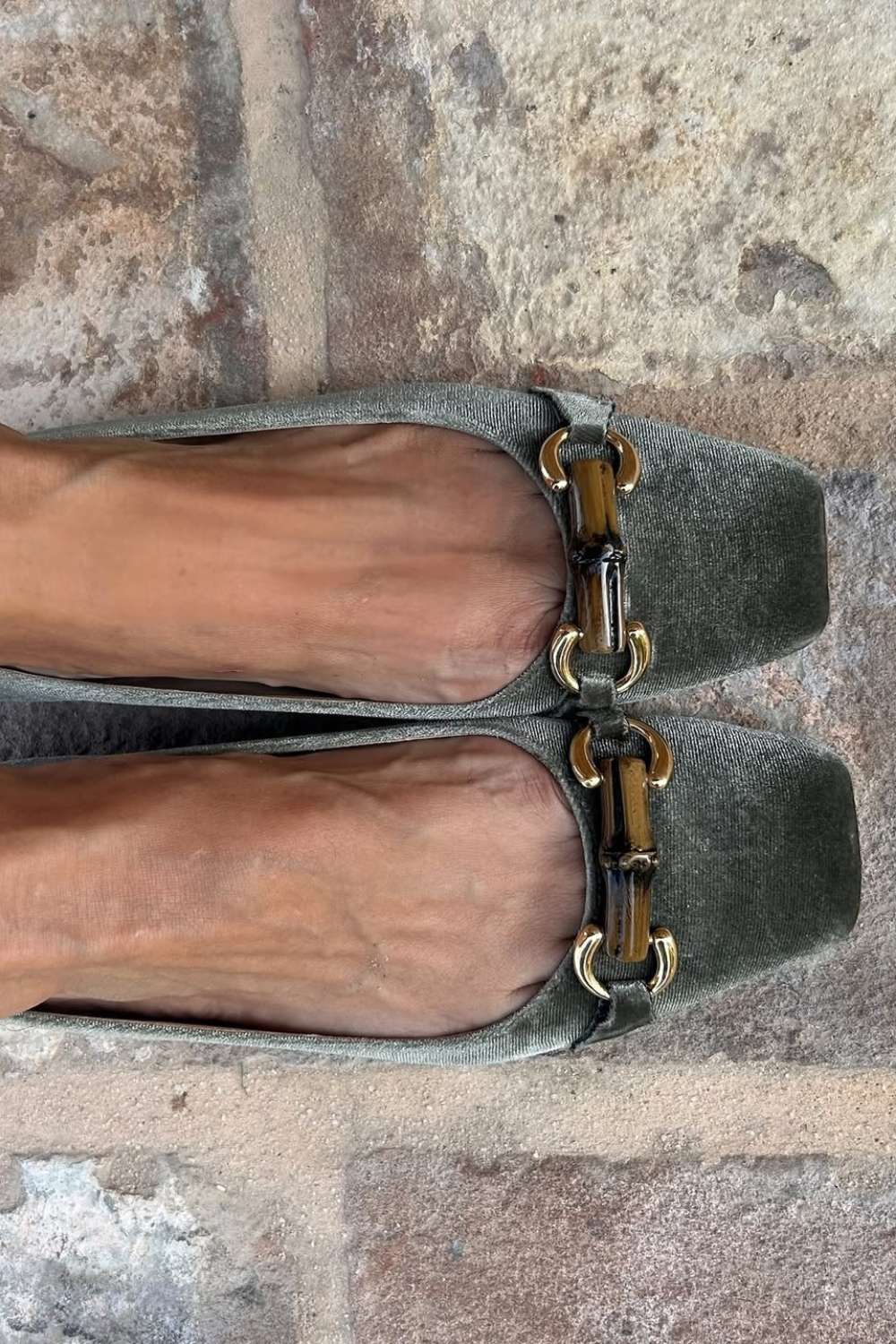 Velvet Green Gold Chain Square Toe Flats [Pre Order]