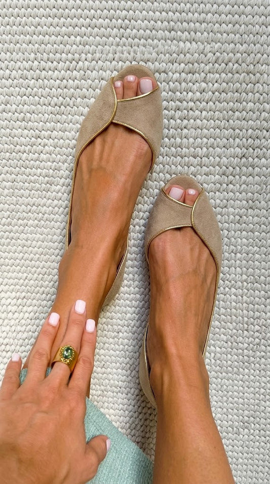 Suede Gold Trim Peep Toe D'Orsay Flats