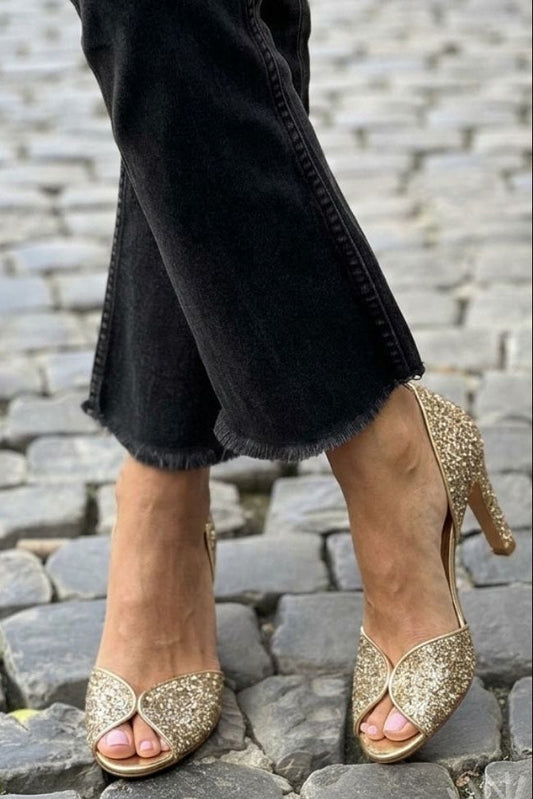 Elegant Gold Sparkly Peep Toe d'Orsay High Heels [Pre Order]