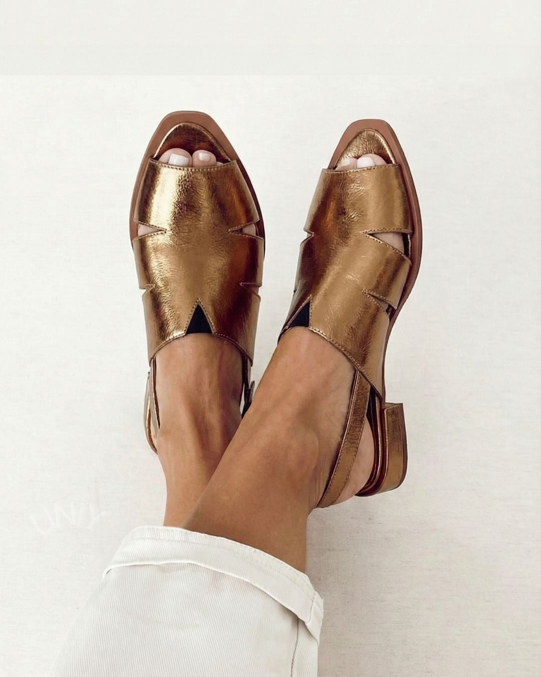 Metallic Gold Cutout Peep Toe Slingback Flat Sandals [Pre Order]