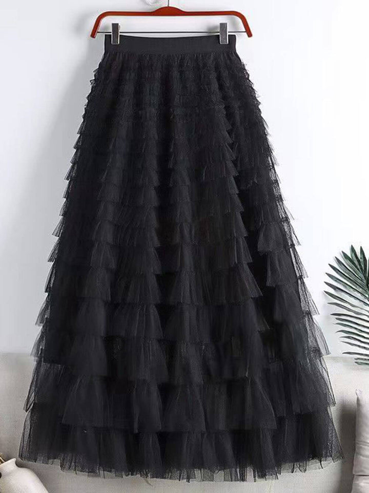 Tiered Ruffle Mesh Maxi Skirt