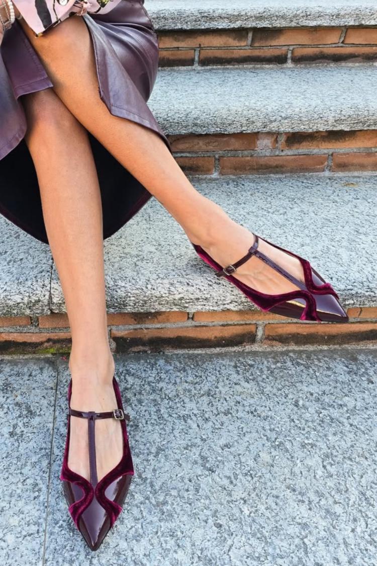 Velvet Patchwork T-Strap Buckle Pointy Toe Flats [Pre Order]