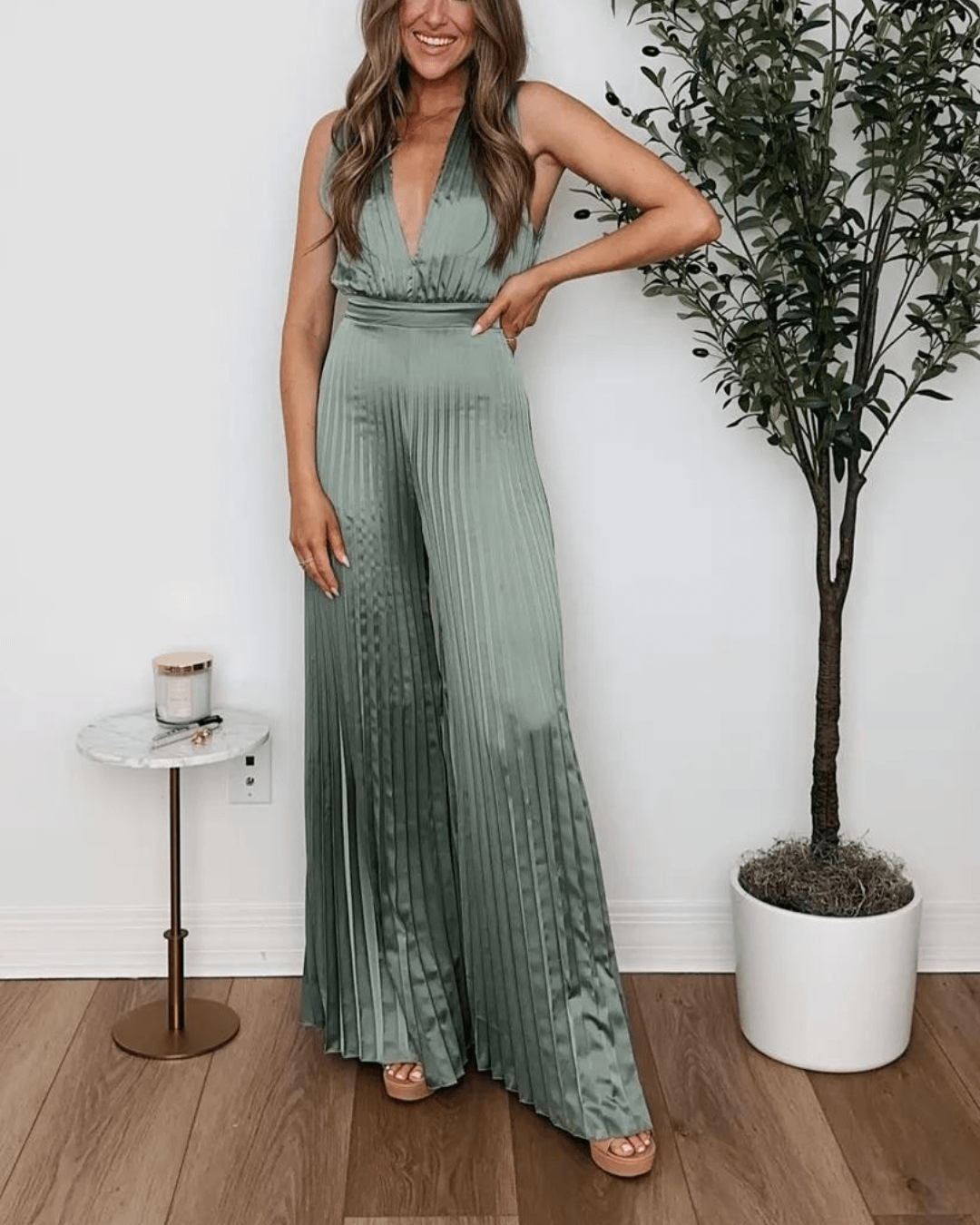 Sleeveless Satin Pleated Wide Leg Jumpsuit