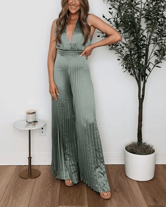 Sleeveless Satin Pleated Wide Leg Jumpsuit
