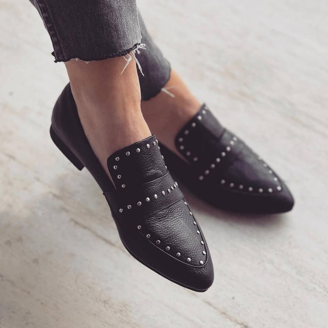 Studded Textured Pointed Toe Loafers [Pre Order]