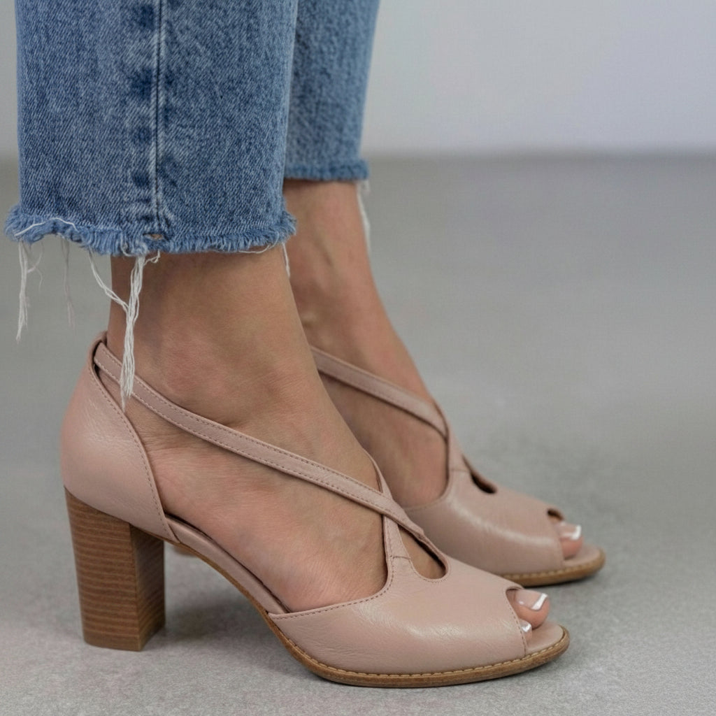 Blush Pink Cross Strap Open Toe Elegant Block Heel Sandals