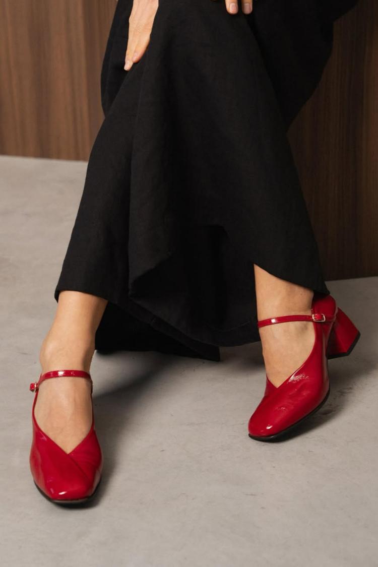 Patent Instep Strap Buckle Patchwork Square Toe Chunky Heels [Pre Order]