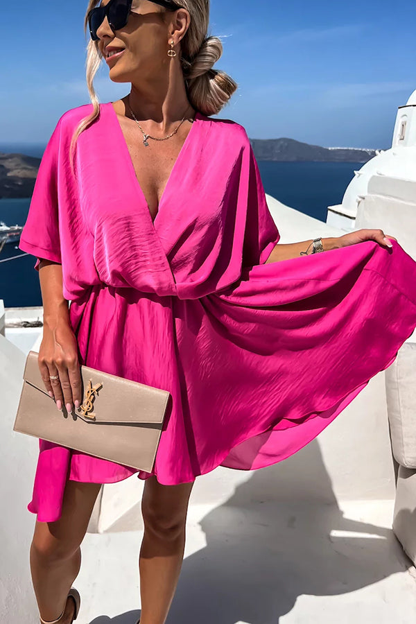 V-Neck Batwing Sleeve Satin Mini Dress