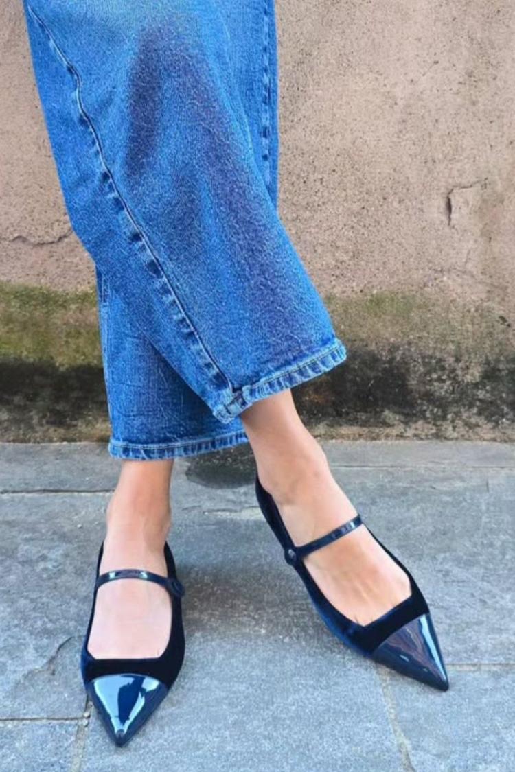 Ristriemen Samt Patchwork Spitzzehen Ballerinas [Vorbestellung]