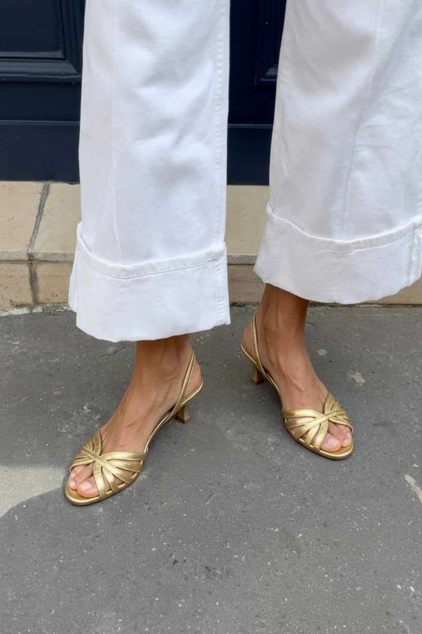 Silver Metallic Cross Strap Slingback Kitten Heel Sandals
