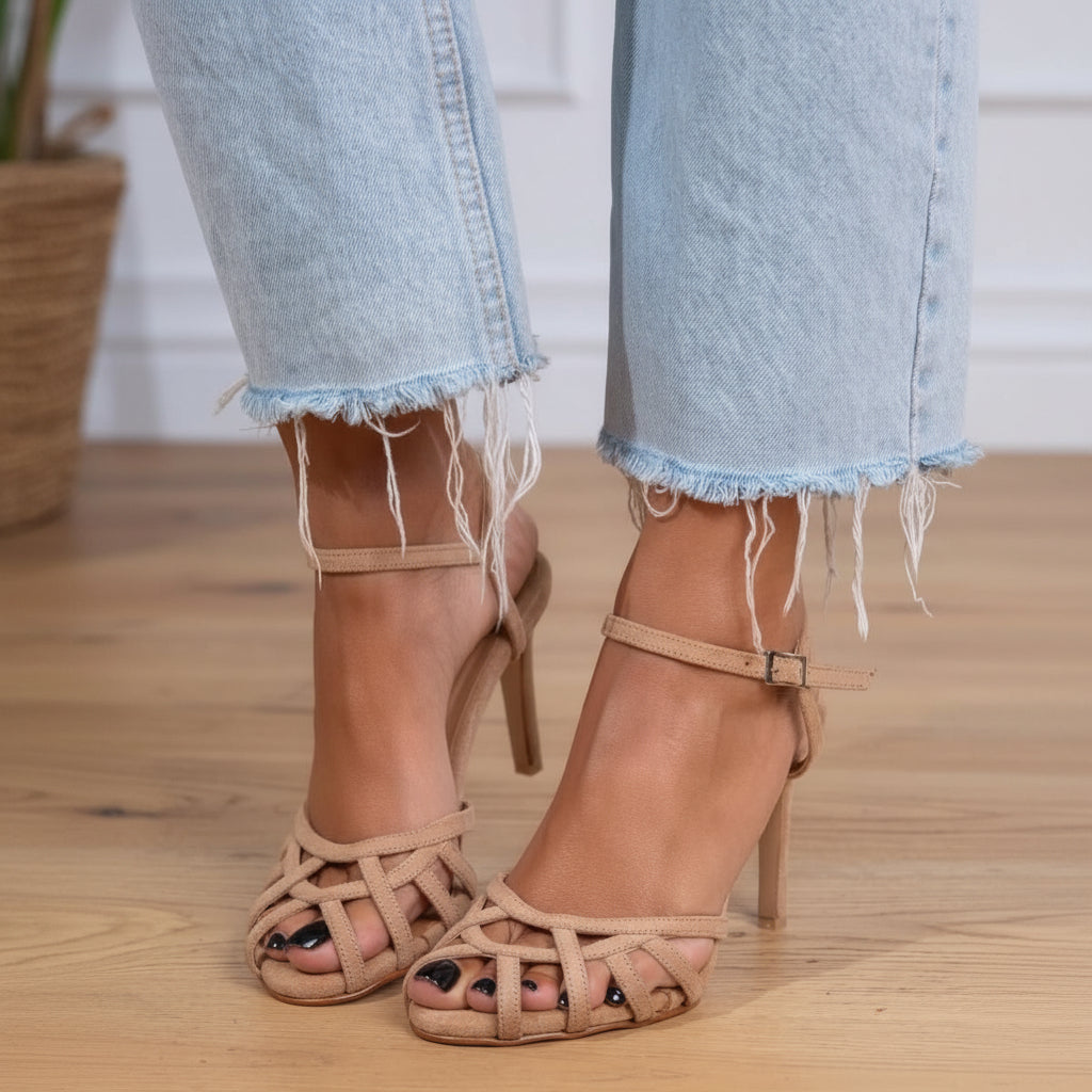 Faux Suede Woven Strap Cutout Ankle Strap Stiletto Heels [Pre Order]